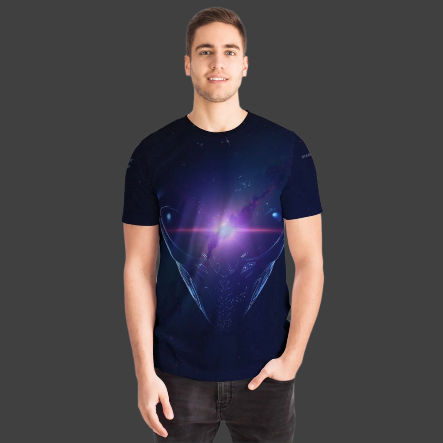 Man wearing a dark blue t-shirt with a futuristic design on a white background