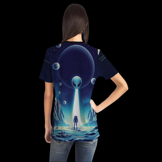 Person wearing a t-shirt with an alien design on the back